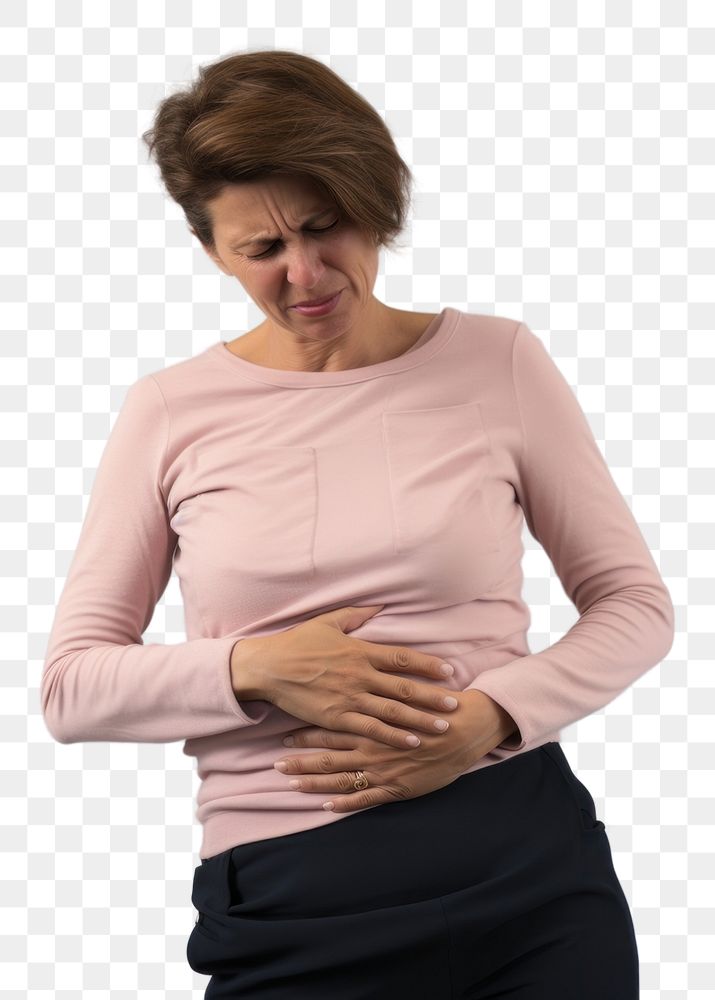 PNG Mature woman with stomach pain sleeve adult anticipation. AI generated Image by rawpixel.