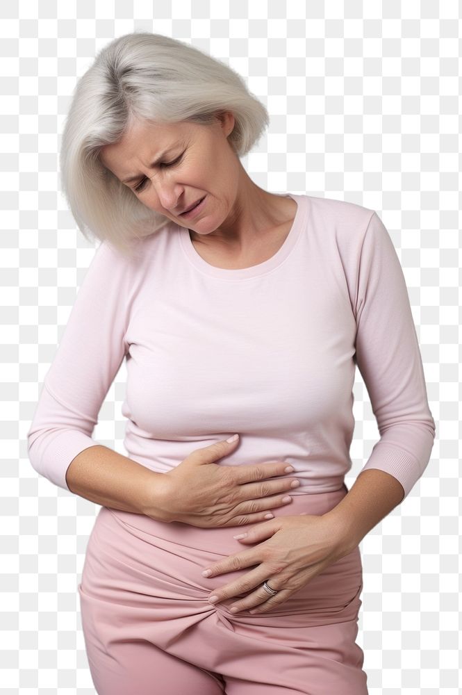 PNG Mature woman with stomach pain adult anticipation midsection. AI generated Image by rawpixel.