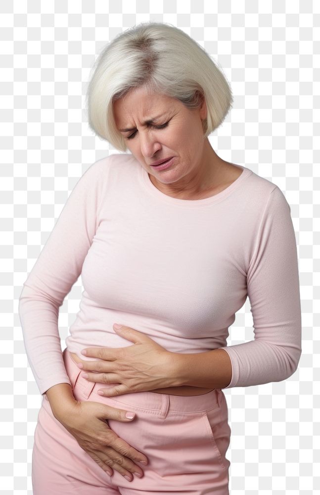 PNG Mature woman with stomach pain adult anticipation midsection. AI generated Image by rawpixel.