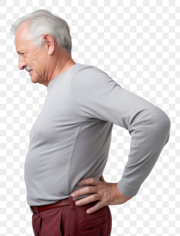PNG Mature man with back pain adult white background relaxation. AI generated Image by rawpixel.