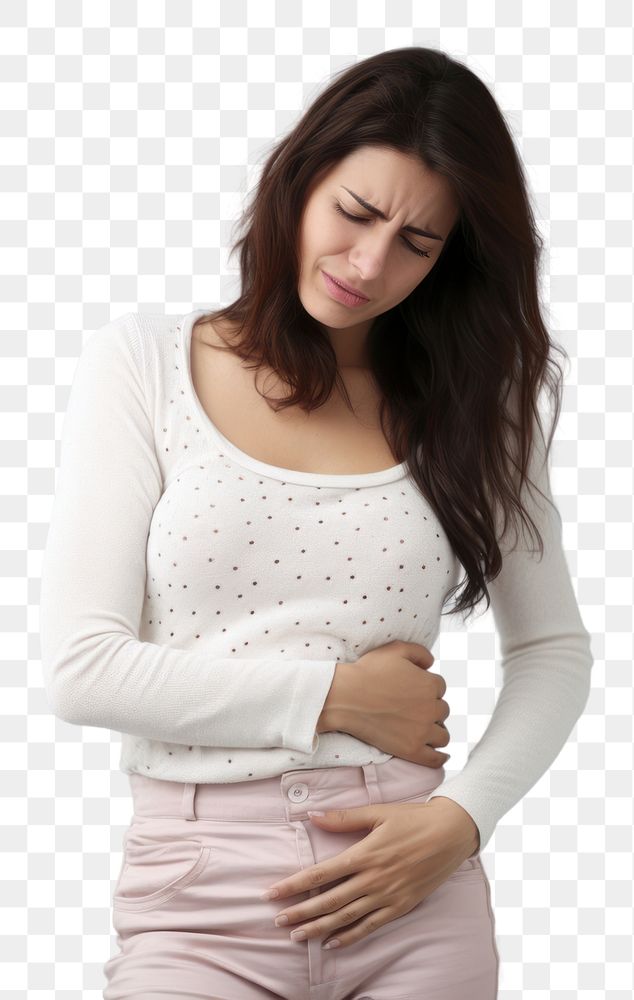 PNG Woman with stomach pain sleeve adult anticipation. AI generated Image by rawpixel.