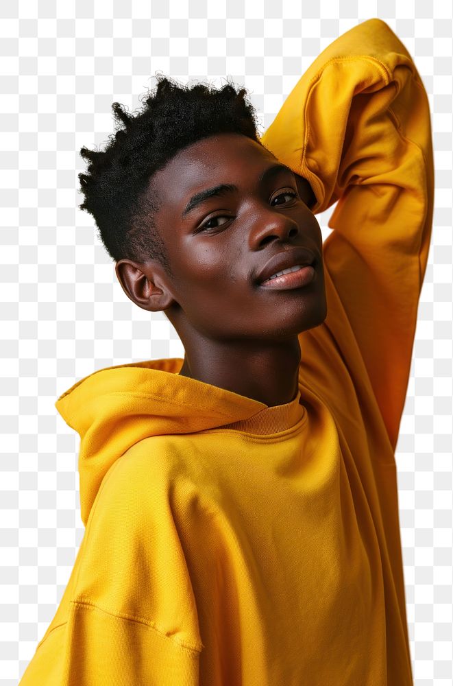 PNG Young black man in sweatshirt with his arm up over his back head photography portrait happy. AI generated Image by…