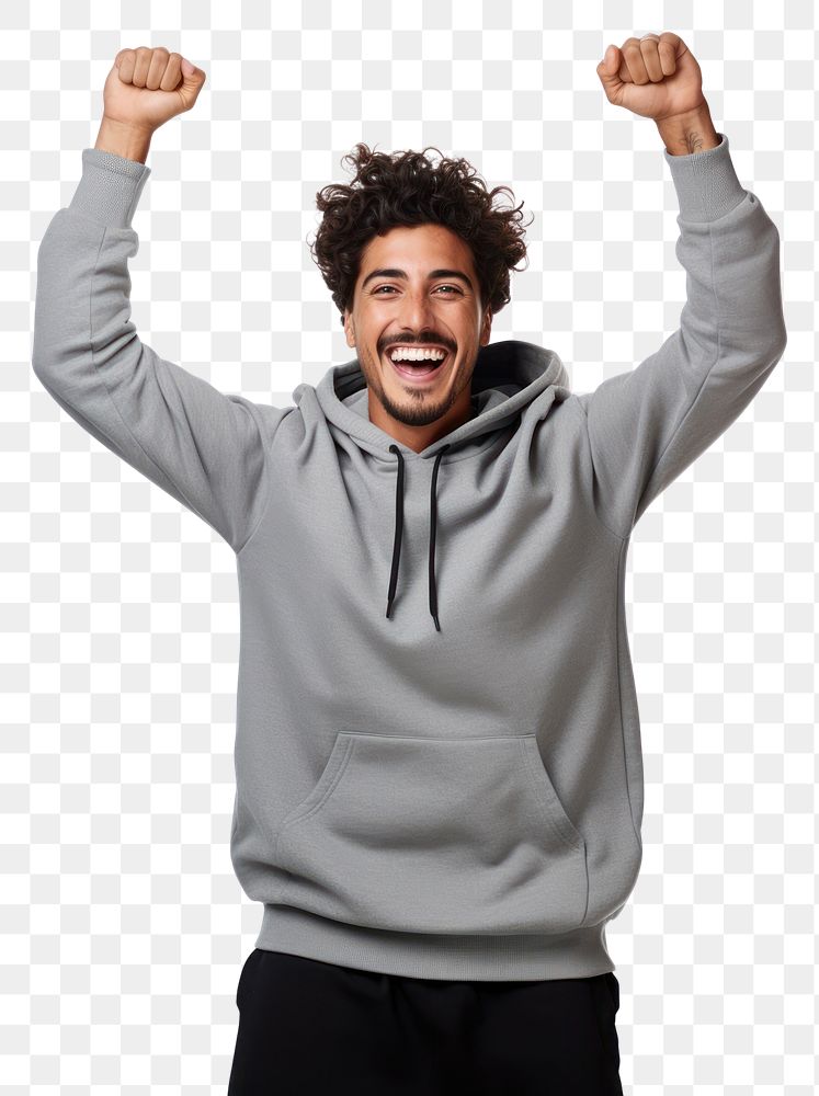 PNG Young latin man in sweatshirt with his arm stretching up over his back head laughing shouting happy. AI generated Image…
