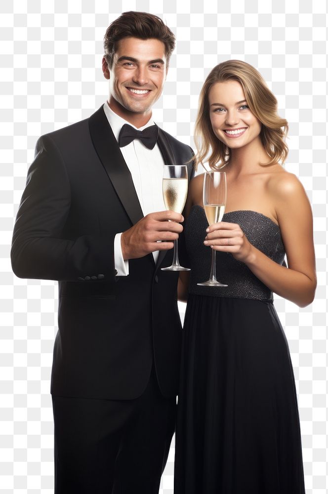 PNG  Happy couple holding a glass of wine portrait tuxedo dress.