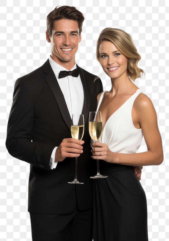 PNG  Happy couple holding a glass of wine tuxedo dress adult.