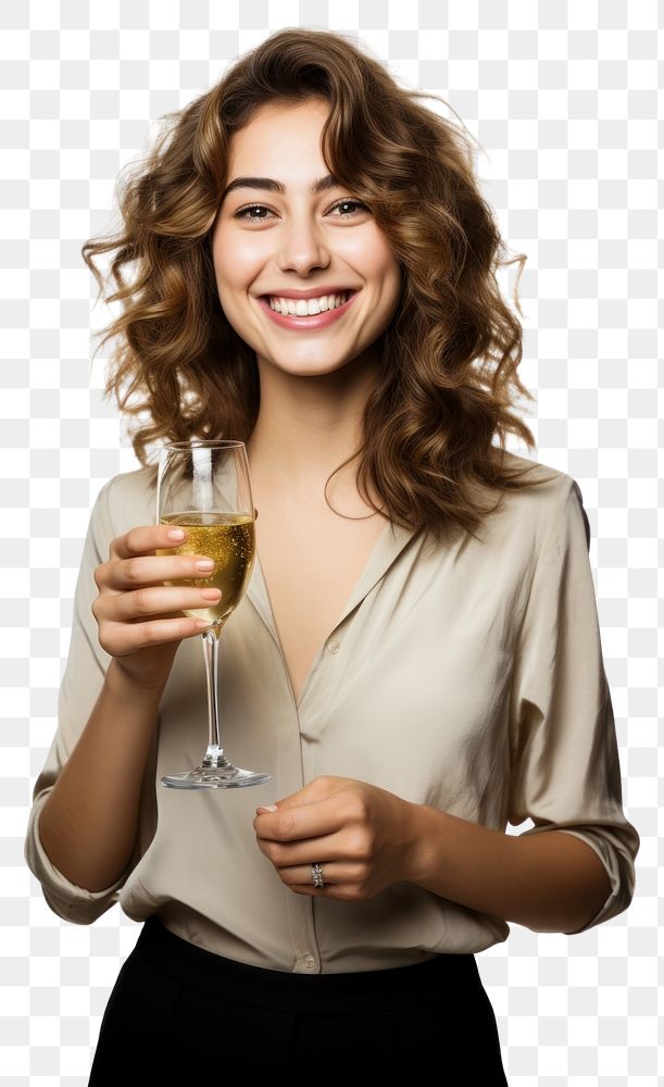 PNG  Happy lady holding a glass of wine drinking portrait blouse.