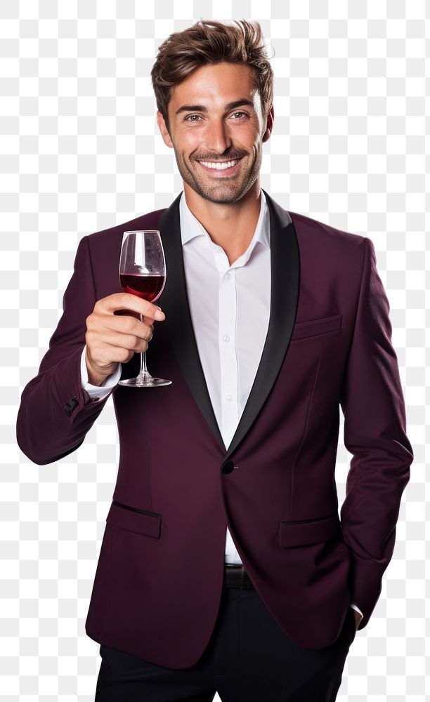 PNG  Happy man holding a glass of wine tuxedo adult white background.