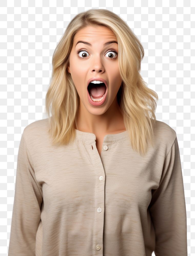 PNG A Young blonde woman in casual costume feeling shocked with surprise expression adult white background frustration.