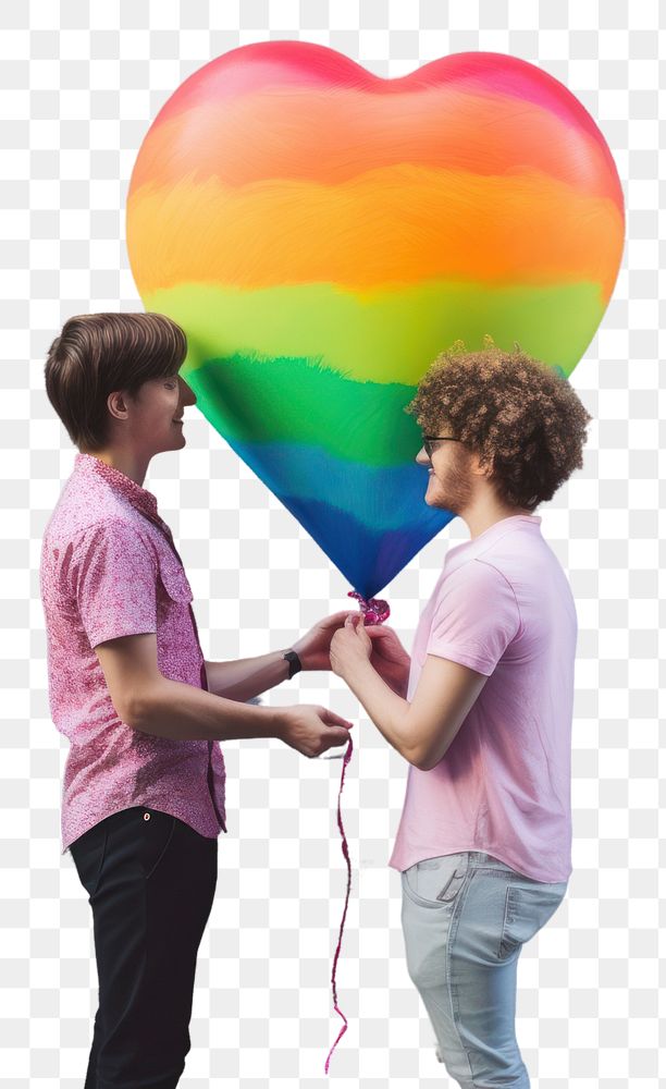 PNG  LGBT couple holding a colorful heart shape air balloon togetherness architecture celebration. AI generated Image by…