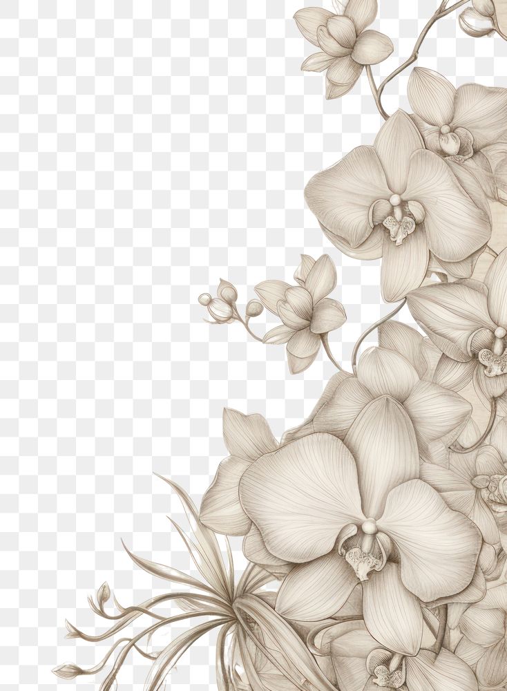 PNG  Realistic vintage drawing of orchid border sketch backgrounds pattern.