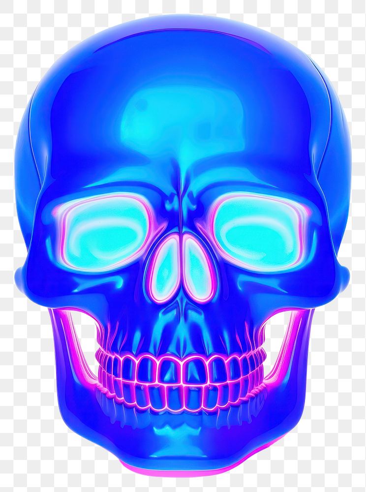 PNG  Surrealistic painting of blue neon skull purple white background clothing.