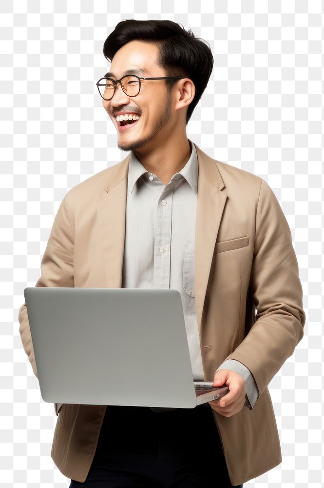 PNG Happy Asian man with laptop on her lap computer glasses adult. AI generated Image by rawpixel.