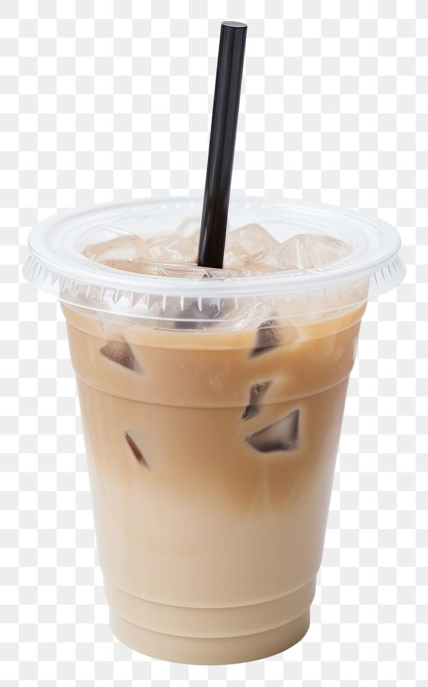 PNG A plastic disposable ice coffee glass with straw and blank white label drink cup white background.