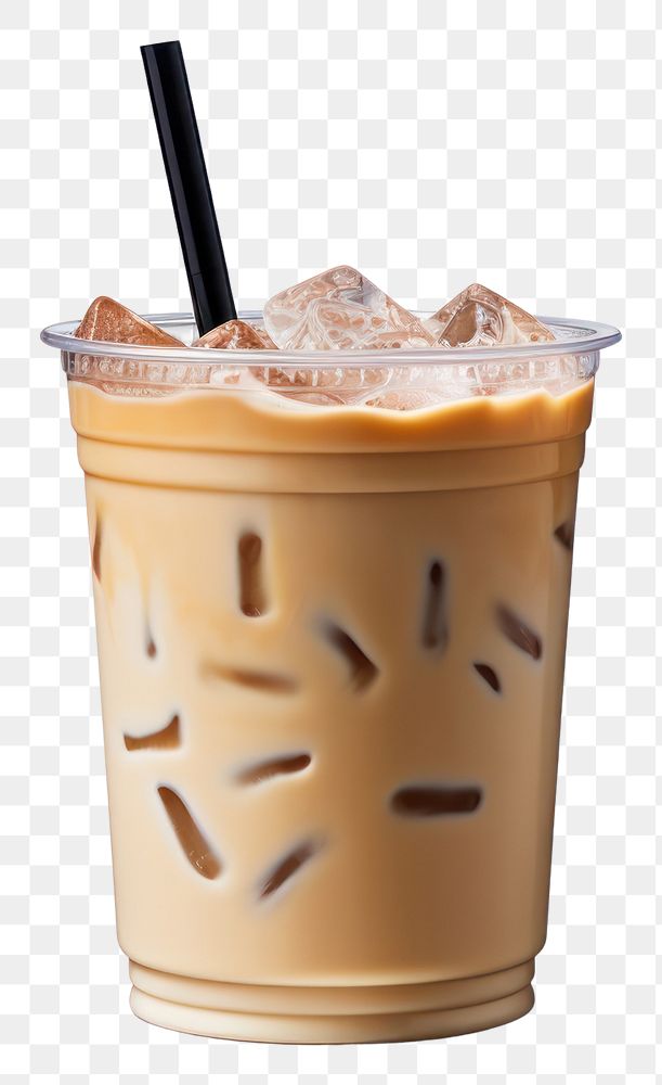 PNG A plastic disposable ice caramel macchiato coffee glass with straw and blank white label drink cup white background.