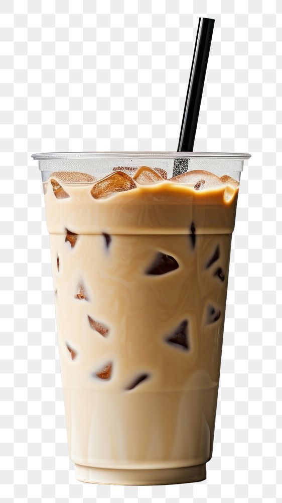 PNG A plastic disposable ice latte coffee glass with straw and blank white label smoothie drink milk.