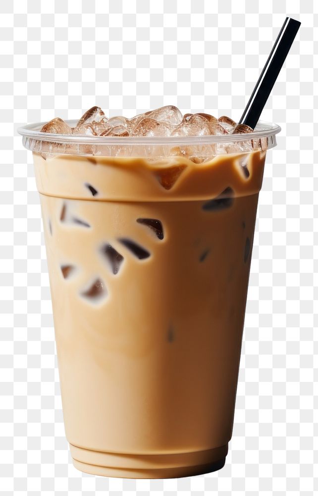 PNG A plastic disposable ice latte coffee glass with straw and blank white label drink cup refreshment.