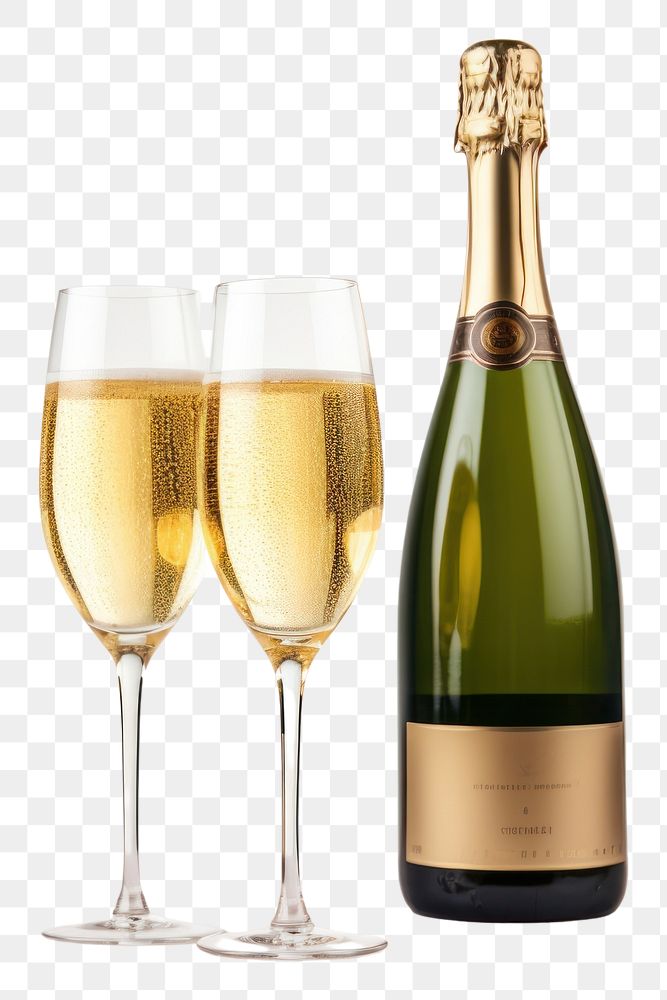 PNG  Two glasses of champagne and bottle drink wine white background.