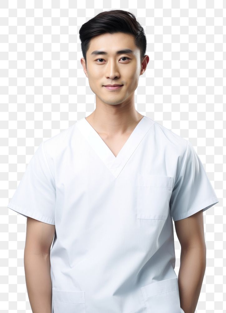 PNG Asian men wearing white medical scrubs suits portrait adult white background.