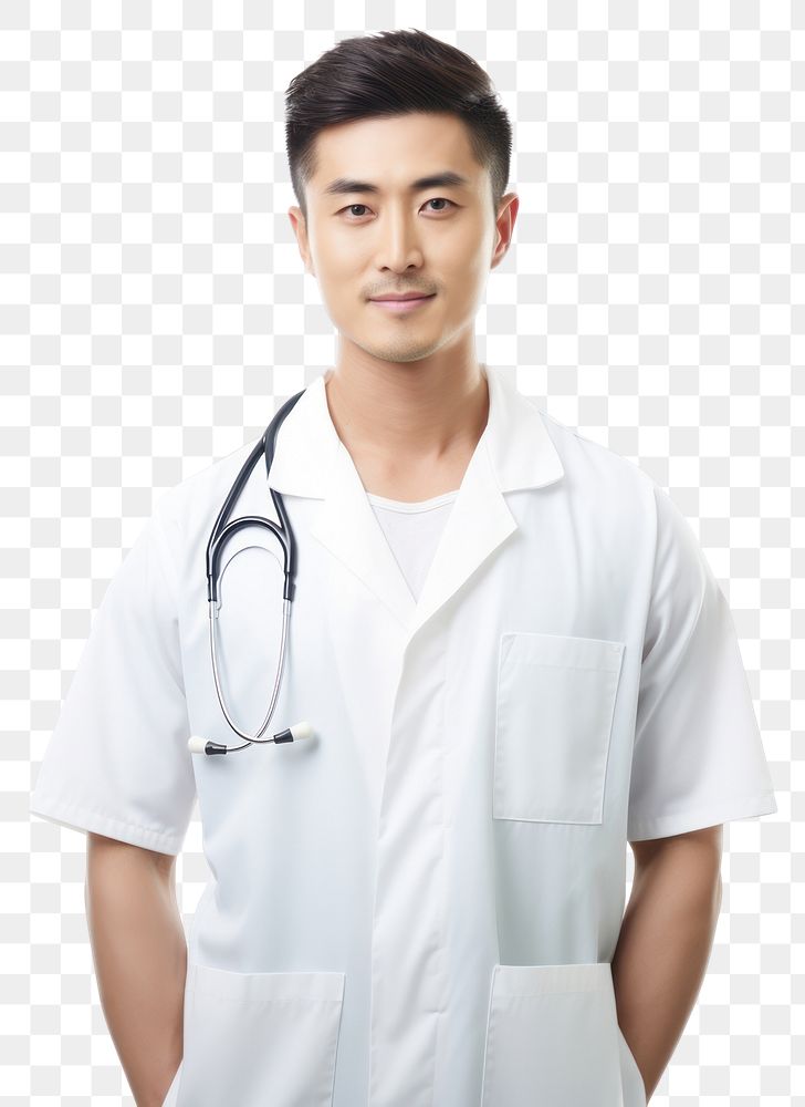 PNG Asian men wearing white medical scrubs suits portrait white background stethoscope.