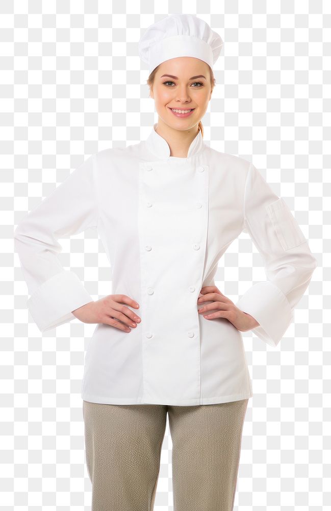 PNG White women wearing white chef uniform portrait white background outerwear.