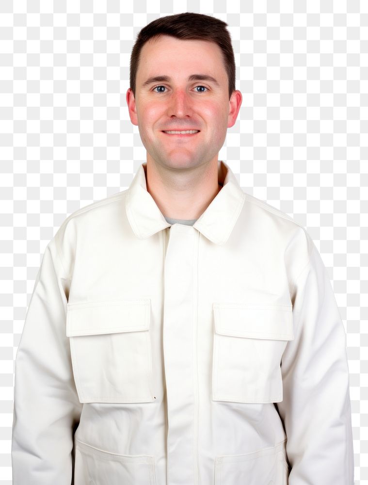 PNG White man wearing white engineer fluorescent jacket uniform portrait sleeve shirt.
