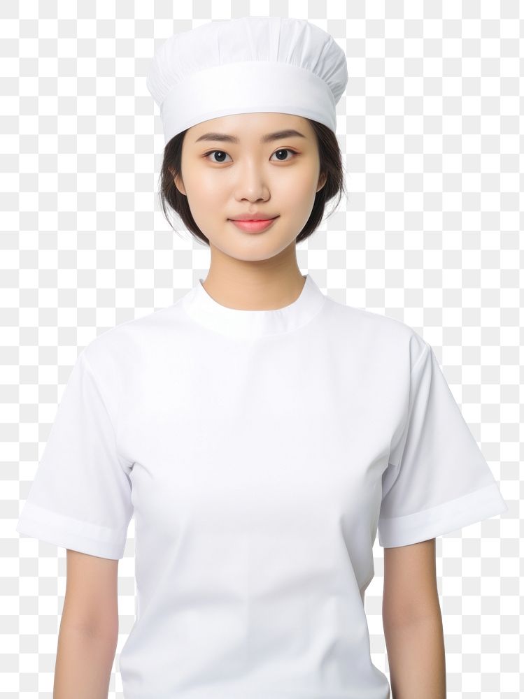 PNG Asian woman wearing blank white fast food uniform portrait t-shirt white background.