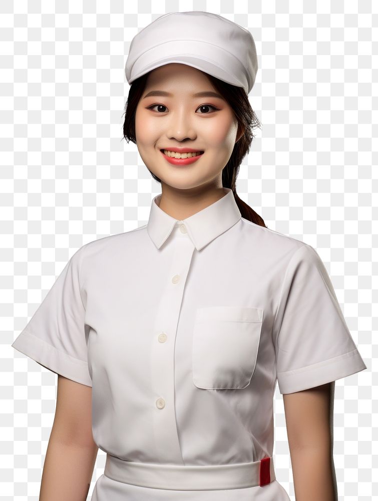 PNG Asian woman wearing blank white fast food uniform portrait adult protection.
