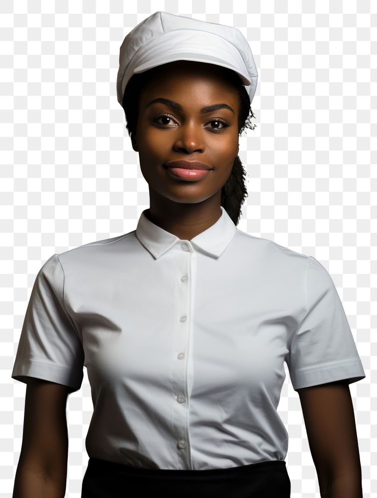 PNG Black woman wearing blank white fast food uniform portrait photo photography.
