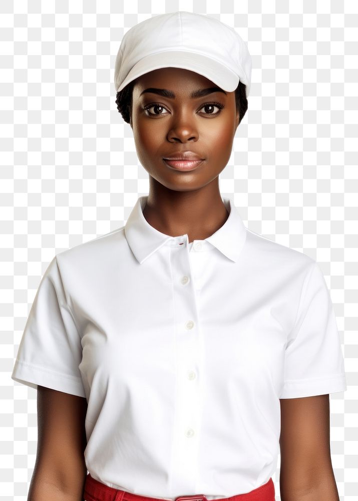 PNG Black woman wearing blank white fast food uniform portrait shirt white background.