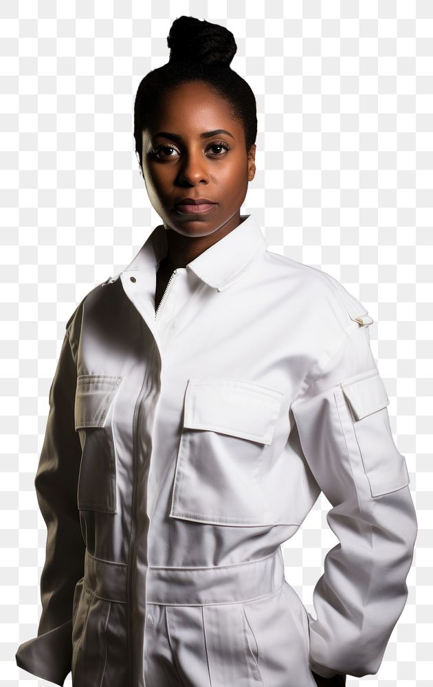 PNG Black woman wearing white engineer fluorescent jacket uniform portrait adult photo.
