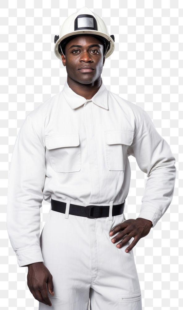 PNG Black man wearing white fireman uniform portrait helmet shirt.