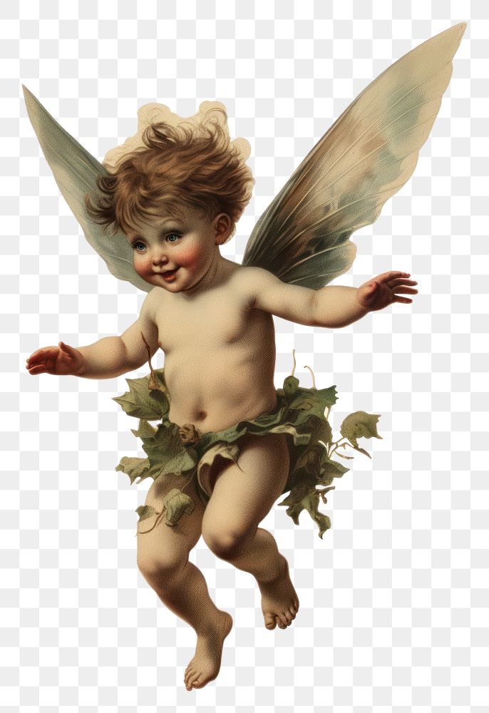 PNG Vintage fairy cherub flying angel baby representation.