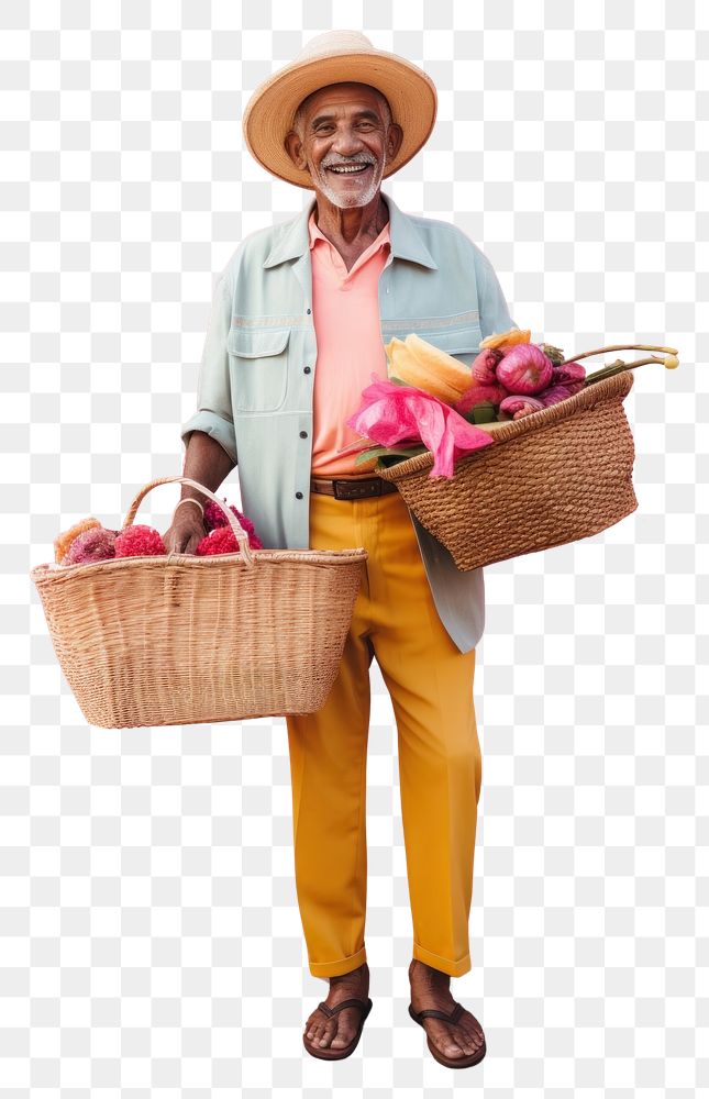 PNG A joyful Cuban senior man holding shopping basket adult accessories harvesting.