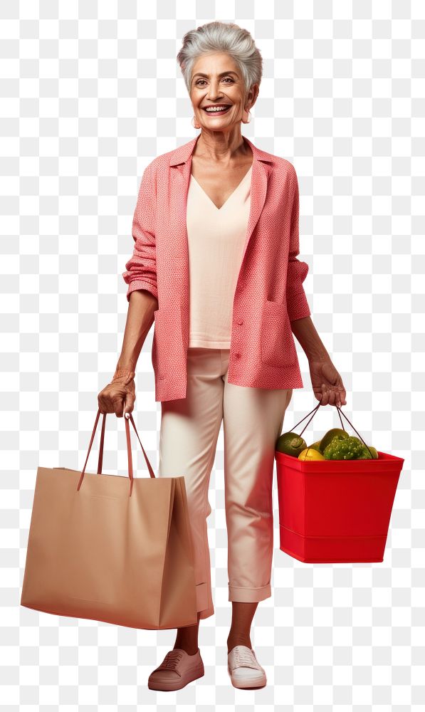 PNG A joyful Cuban senior woman holding shopping basket handbag red accessories.