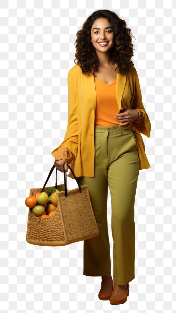 PNG A joyful Hispanic woman holding shopping basket photography portrait handbag.