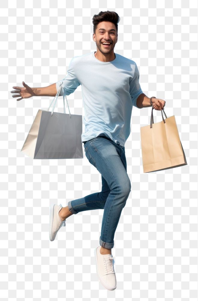 PNG Happy young hispanic man jumping and holding a shopping bag adult men architecture.