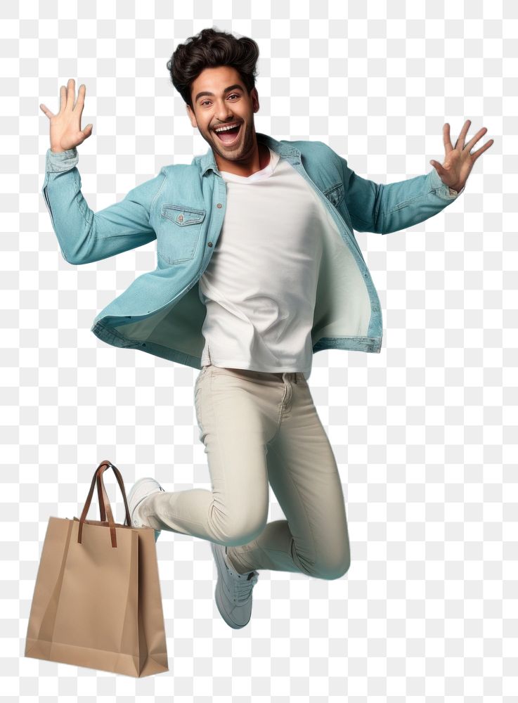 PNG Happy young hispanic man jumping and holding a shopping bag adult men celebration.