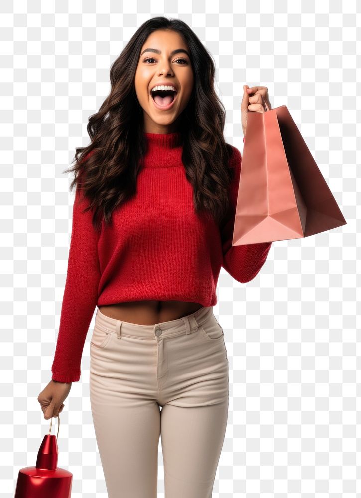 PNG Happy young Latin lady holding shopping bags and a megaphone laughing red white background.