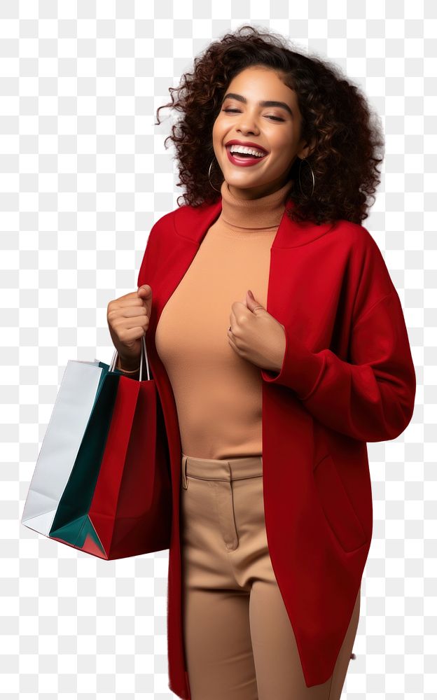 PNG Happy young Latin lady holding shopping bags and a megaphone handbag smile adult.