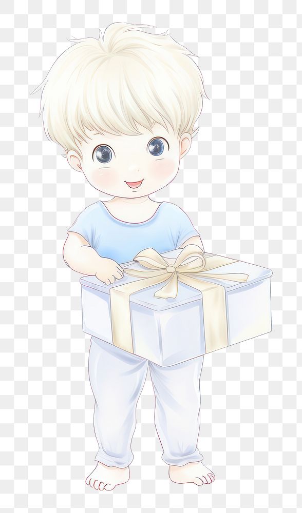 illustration of *baby boy wear shirt holding gift box Alphonse Mucha style* isolated on white background --style…