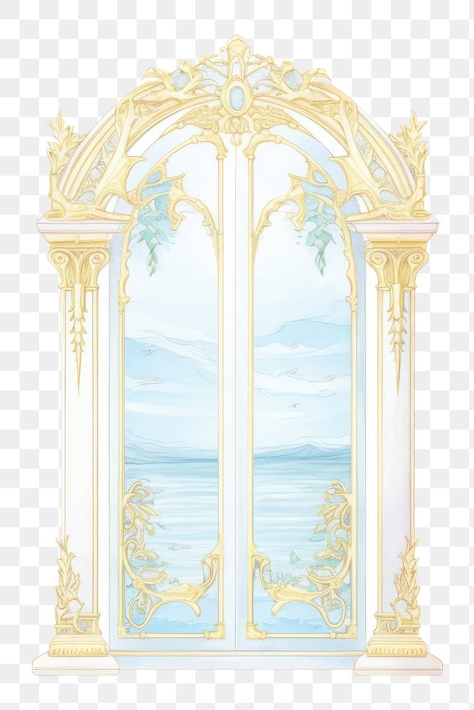 illustration of *open door Alphonse Mucha style* isolated on white background --ar 3:2 --style 19pADPufIwHTB19