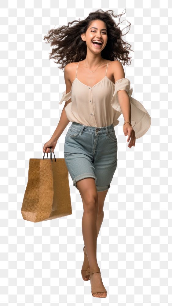 PNG Happy Hispanic woman shopping and running laughing handbag shorts.