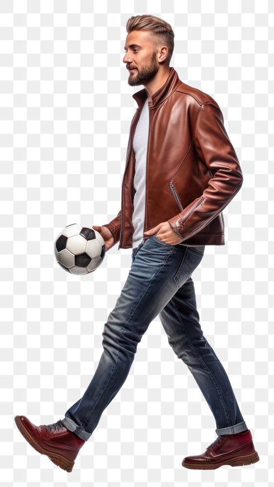 PNG  A man holding football walking jacket sports. AI generated Image by rawpixel.