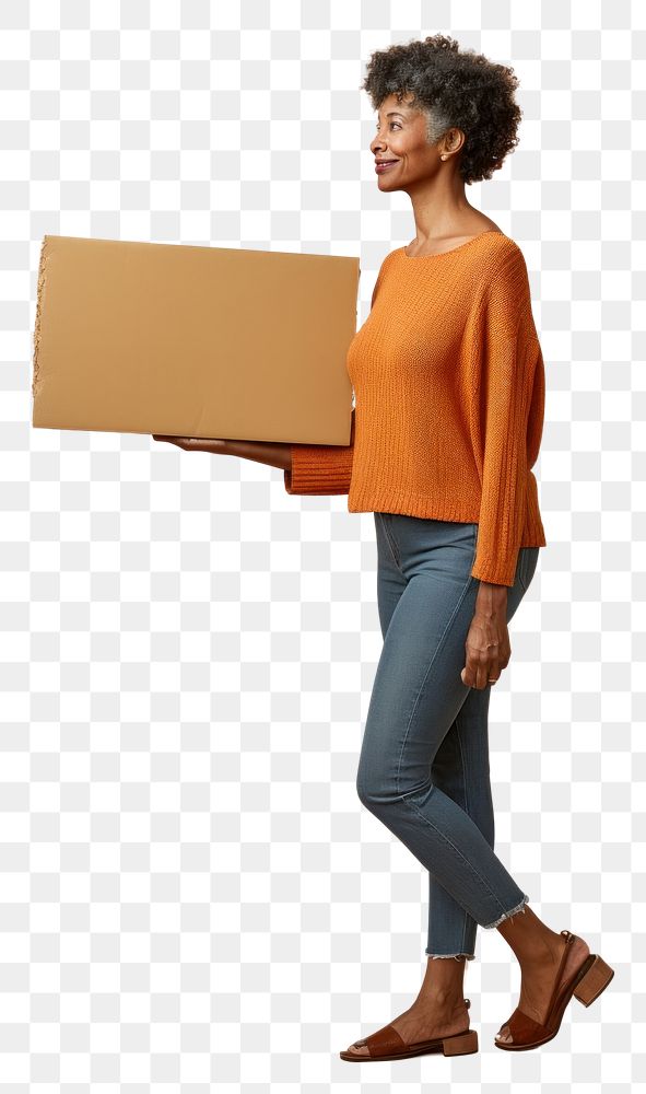 PNG  A mature woman holding a cardboard sign footwear person human. AI generated Image by rawpixel.