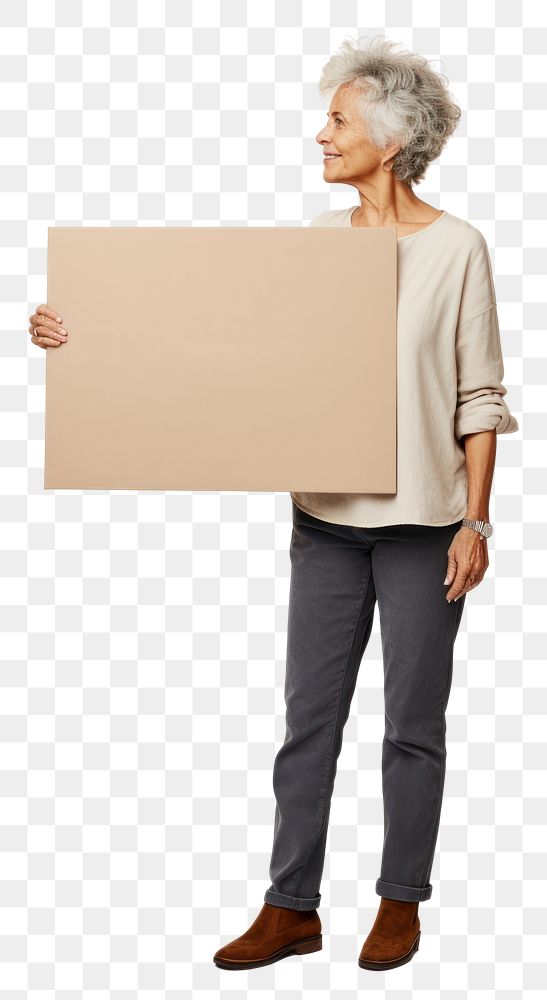 PNG  A mature woman holding a cardboard sign standing portrait person. AI generated Image by rawpixel.