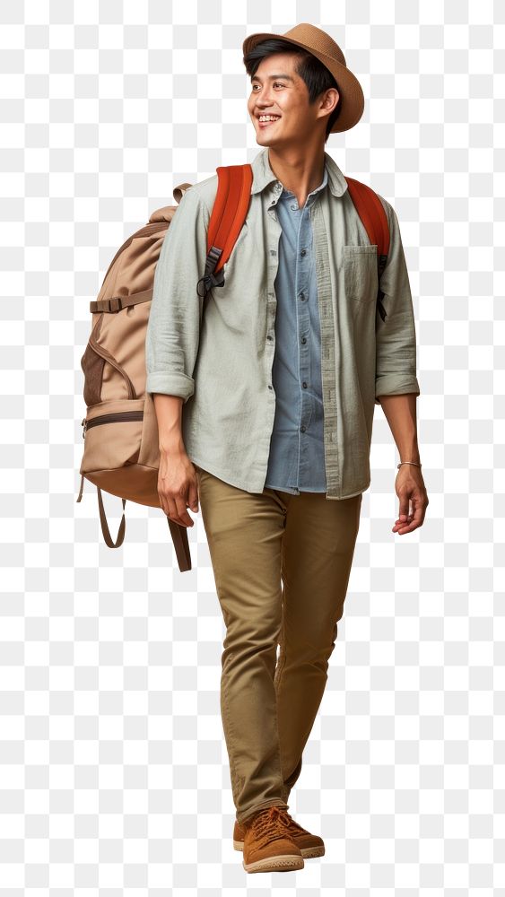 PNG A happy Asian traveler backpack footwear walking. AI generated Image by rawpixel.