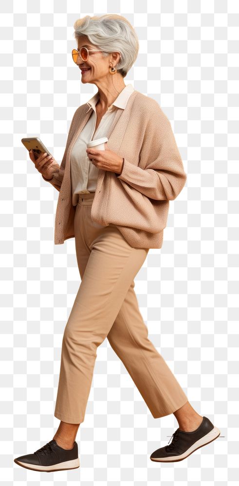 PNG  A senior woman with mobile phone walking person adult. AI generated Image by rawpixel.