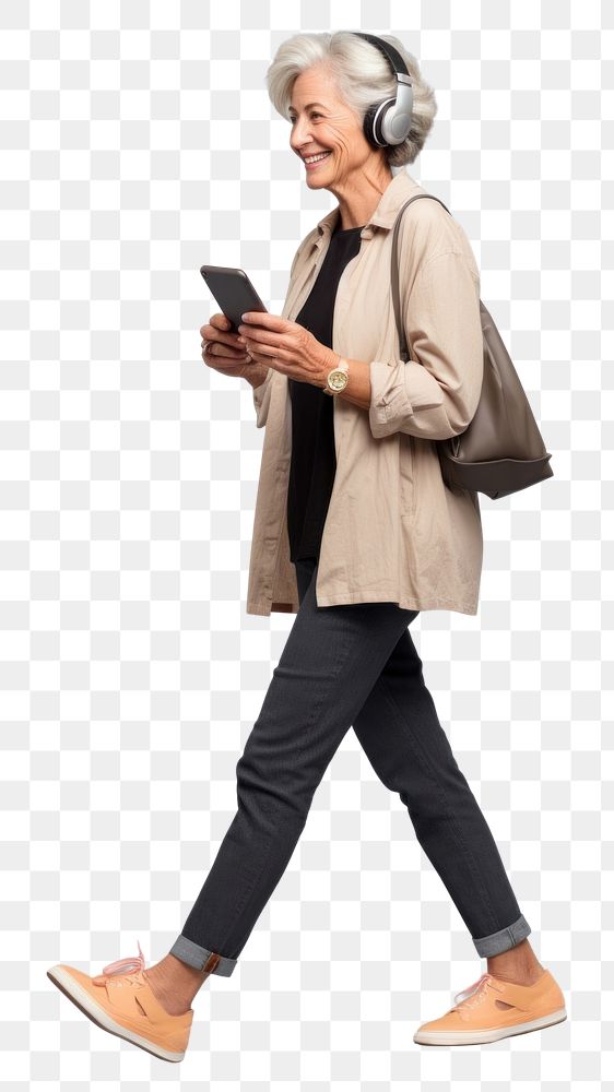 PNG A senior woman with mobile phone walking headphones footwear. AI generated Image by rawpixel.
