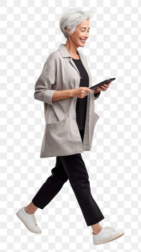 PNG A senior woman with mobile phone walking person adult. AI generated Image by rawpixel.