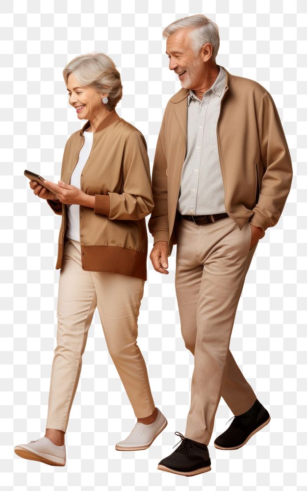 PNG  A senior couple with mobile phone walking person adult. AI generated Image by rawpixel.
